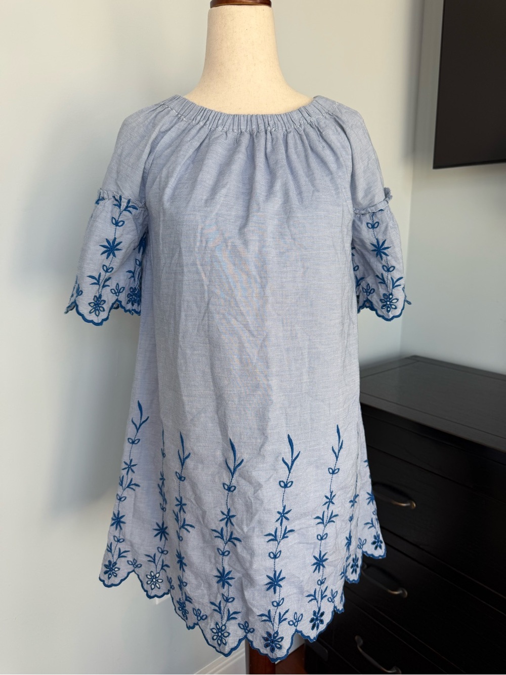 Zara Light Blue Embroidered Off-Shoulder Cotton Dress